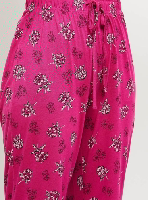 Women Printed Crew Neck T-Shirt with Elasticated Lounge Pants