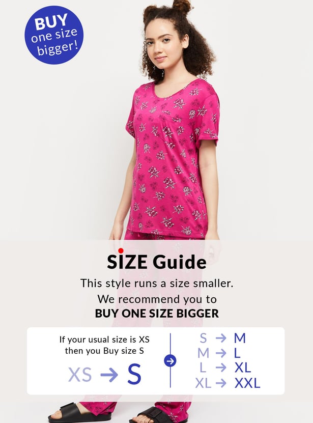 Women Printed Crew Neck T-Shirt with Elasticated Lounge Pants