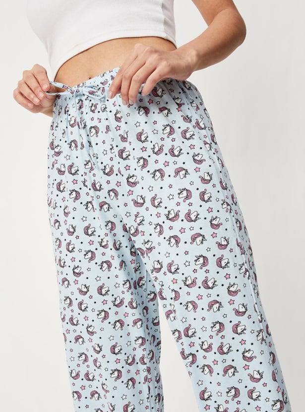 Women Quirky Printed Knit Pyjamas with Drawstring Closure