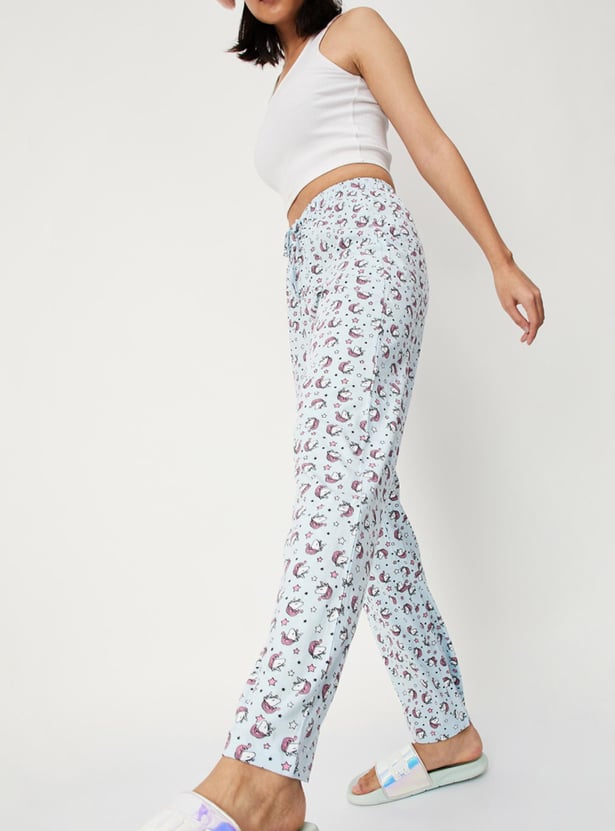 Women Quirky Printed Knit Pyjamas with Drawstring Closure