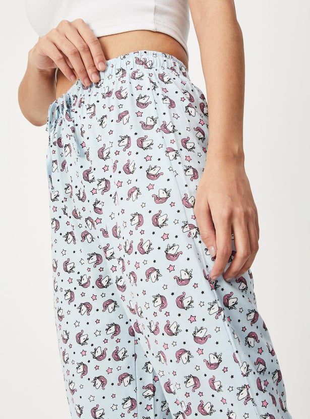 Women Quirky Printed Knit Pyjamas with Drawstring Closure