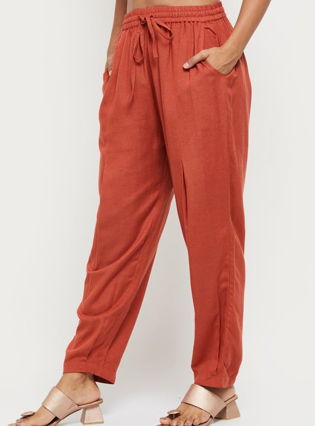 Women Solid Drawstring Waist Ethnic Pants 