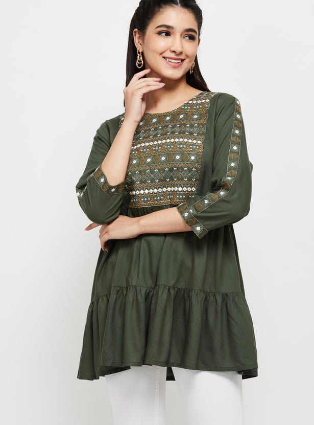 Women Embellished Three-Quarter Sleeves Tunic Top