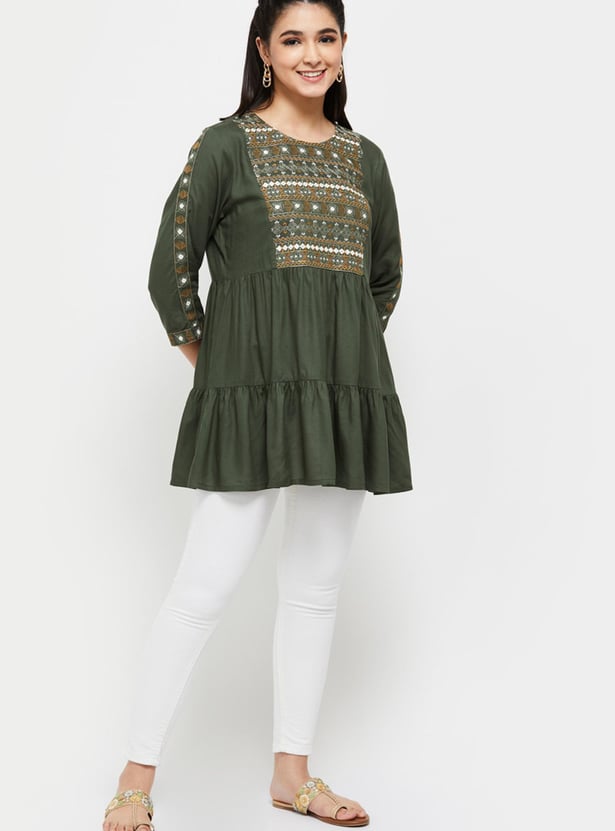 Women Embellished Three-Quarter Sleeves Tunic Top