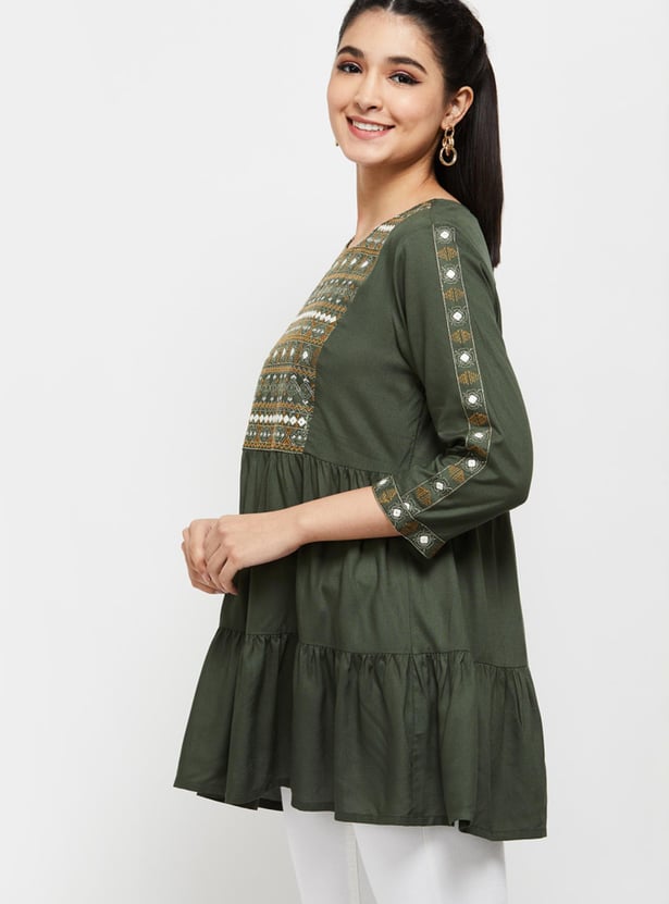 Women Embellished Three-Quarter Sleeves Tunic Top