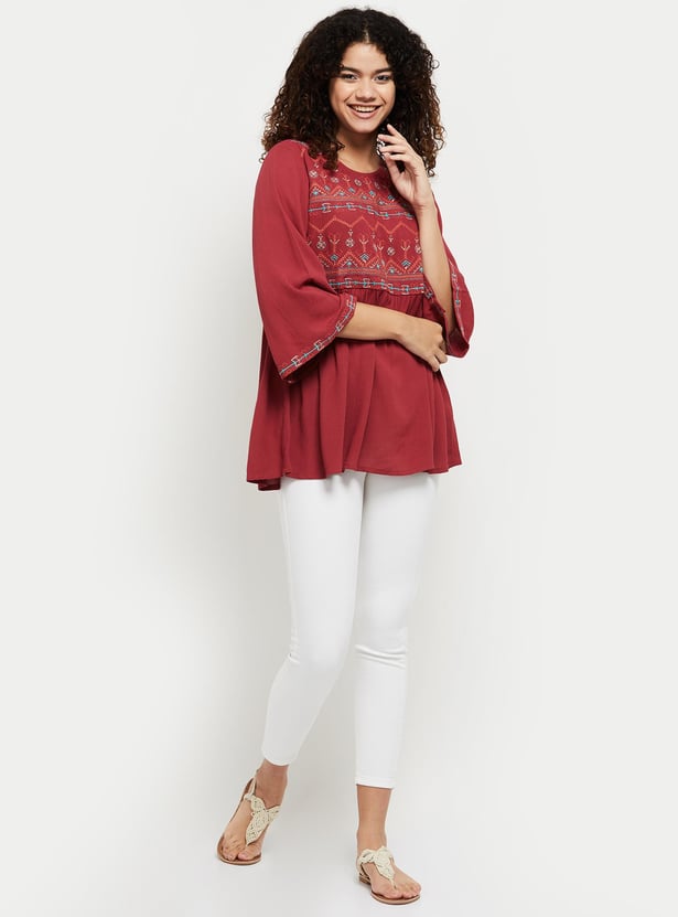 Women Embroidered Three-Quarter Sleeves Tunic