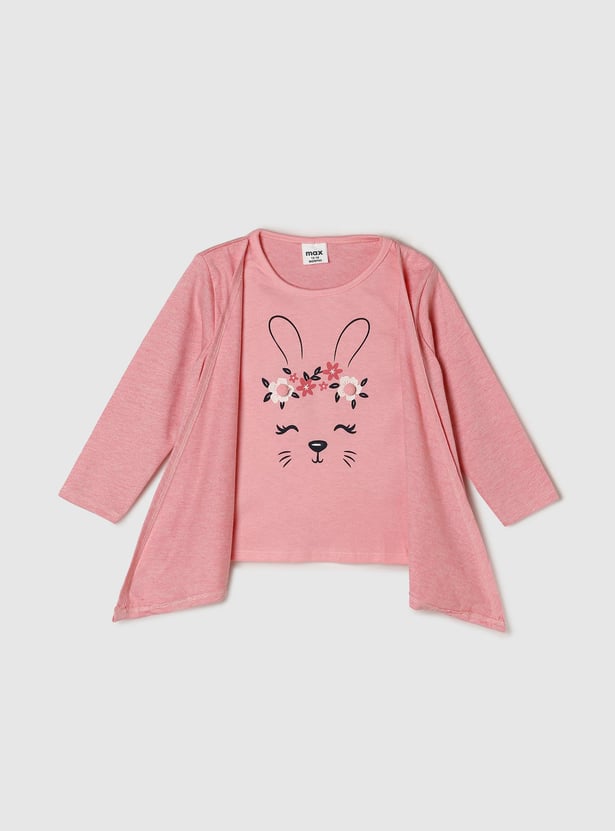 Girls Graphic Print Full Sleeves Top With Attached Shrug