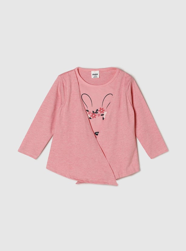 Girls Graphic Print Full Sleeves Top With Attached Shrug