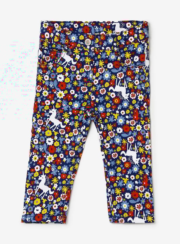 Girls Floral Printed Full Length Regular Fit Trousers