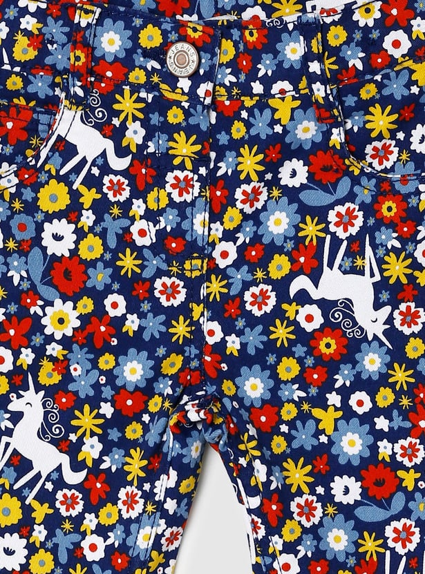 Girls Floral Printed Full Length Regular Fit Trousers