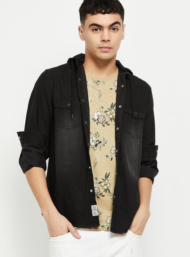 Men Stonewashed Hooded Denim Jacket