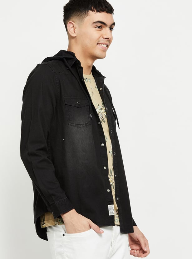 Men Stonewashed Hooded Denim Jacket