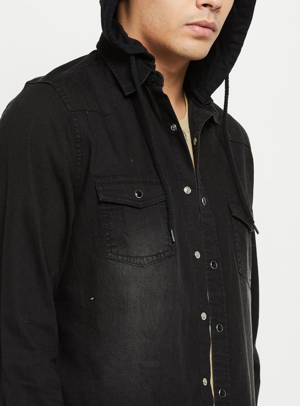 Men Stonewashed Hooded Denim Jacket