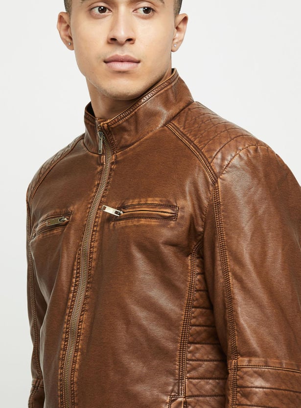Buy Men Solid Full Sleeves Zip Closure Biker Jacket Online at just