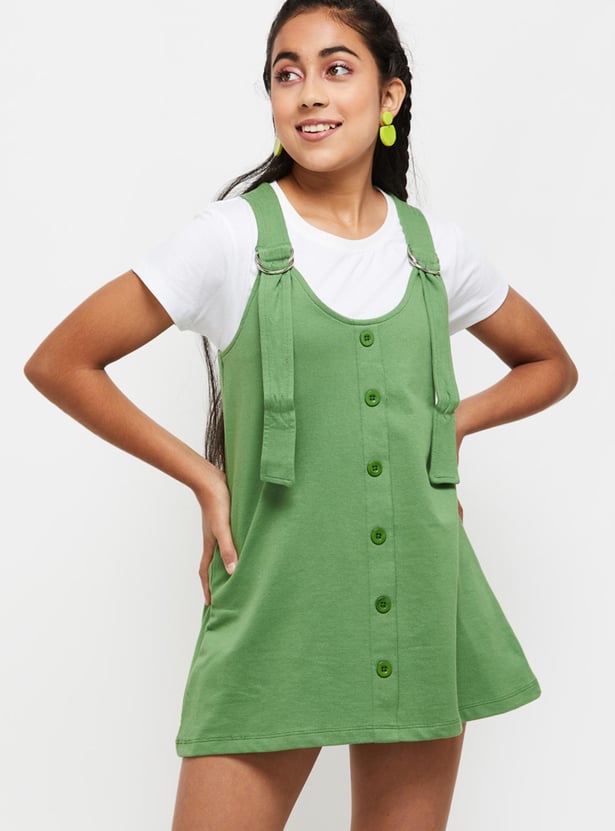 Girls Solid Mini Pinafore Dress with T-shirt