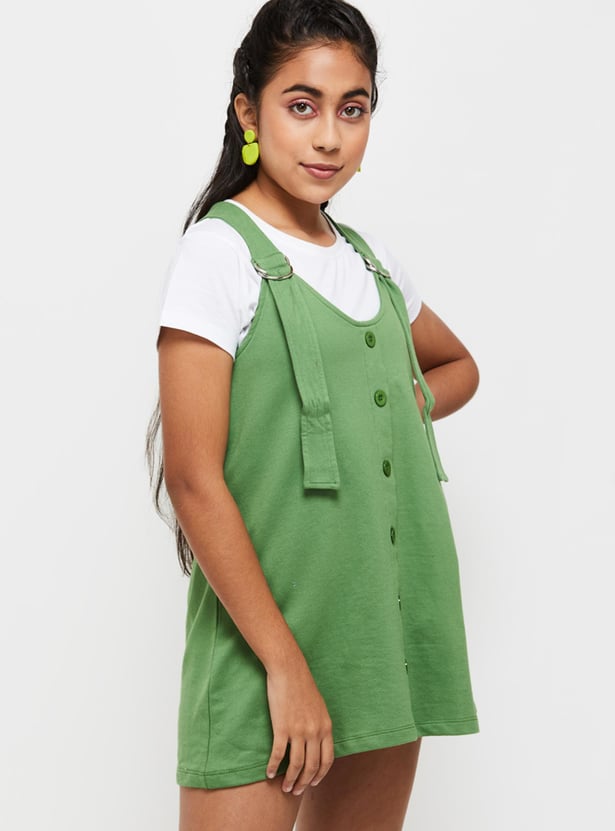 Girls Solid Mini Pinafore Dress with T-shirt