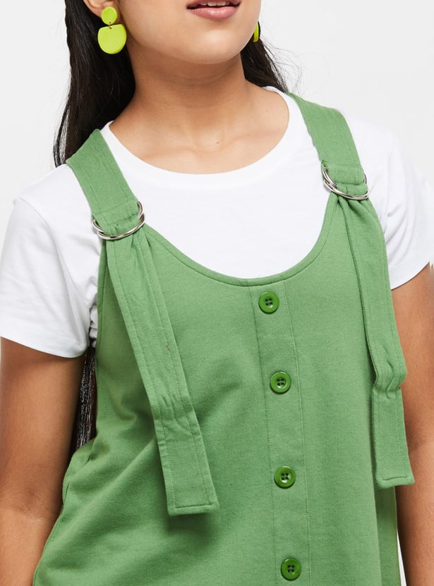 Girls Solid Mini Pinafore Dress with T-shirt