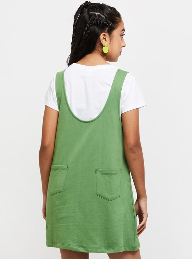 Girls Solid Mini Pinafore Dress with T-shirt