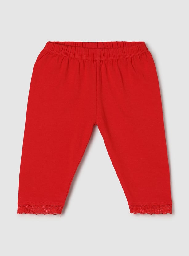 Girls Solid Lace Detail Elasticated 3/4th Leggings