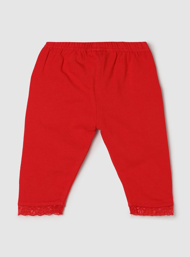 Girls Solid Lace Detail Elasticated 3/4th Leggings
