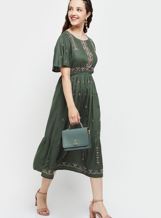 Women Embroidered Flutter Sleeves Midi Dress