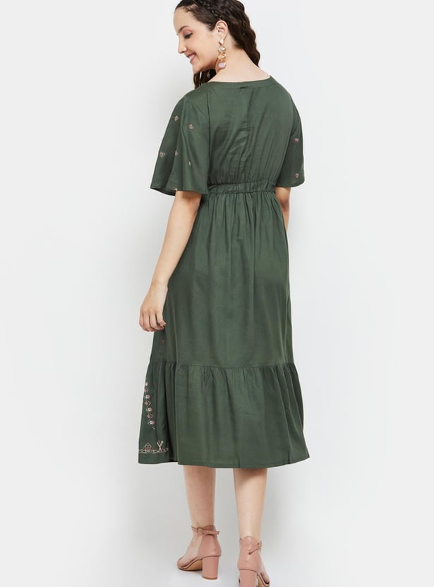 Women Embroidered Flutter Sleeves Midi Dress