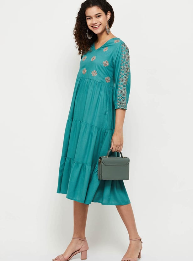 Women Embroidered Tiered Mid Dress