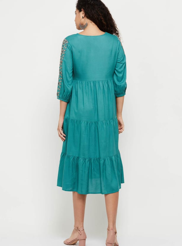 Women Embroidered Tiered Mid Dress