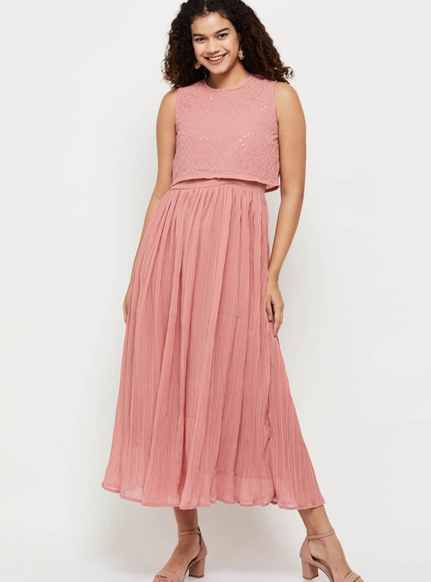 Women Solid A-line Dress With Embellished Crop Top