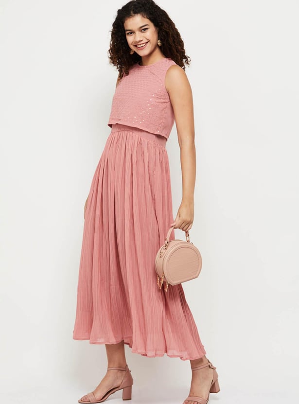 Women Solid A-line Dress With Embellished Crop Top
