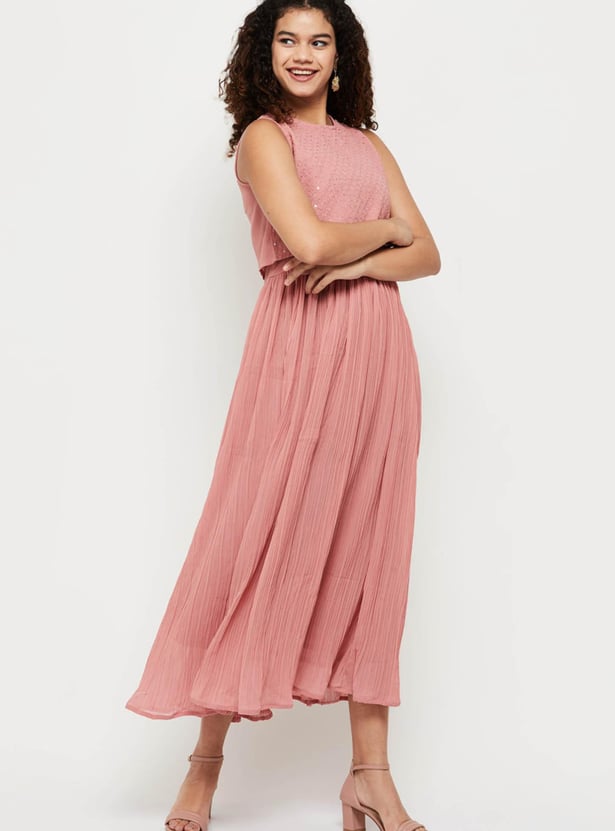 Women Solid A-line Dress With Embellished Crop Top