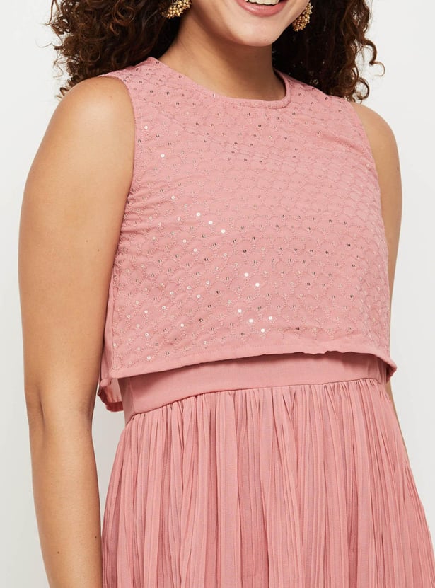 Women Solid A-line Dress With Embellished Crop Top