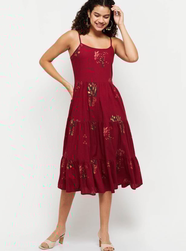 Women Floral Printed Spaghetti A-line Dress