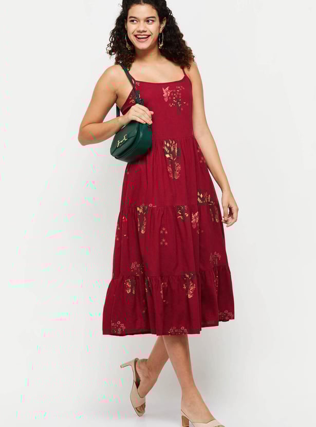 Women Floral Printed Spaghetti A-line Dress