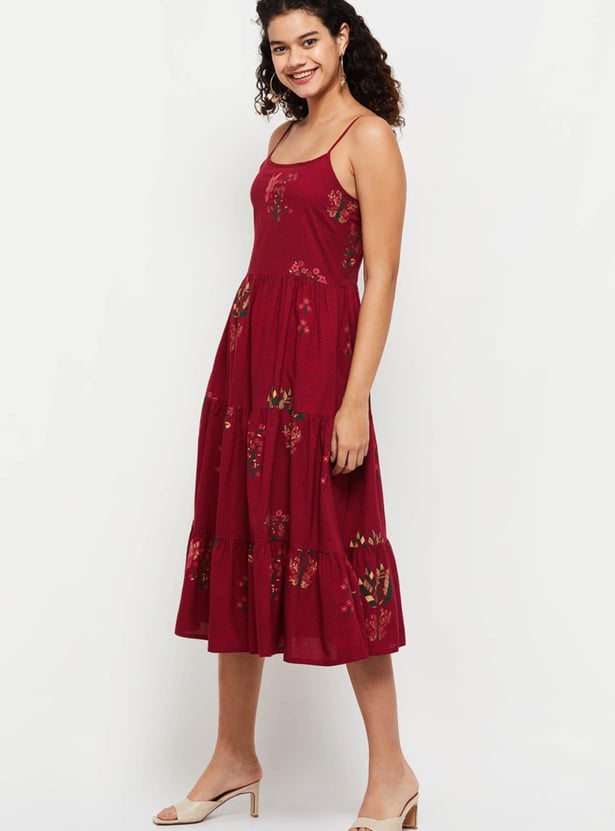 Women Floral Printed Spaghetti A-line Dress