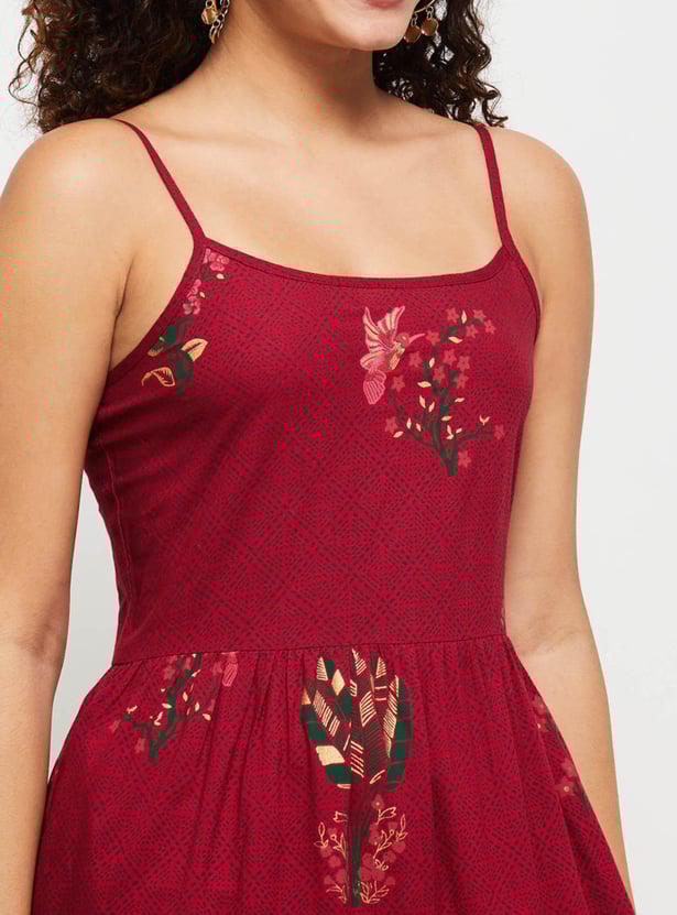 Women Floral Printed Spaghetti A-line Dress
