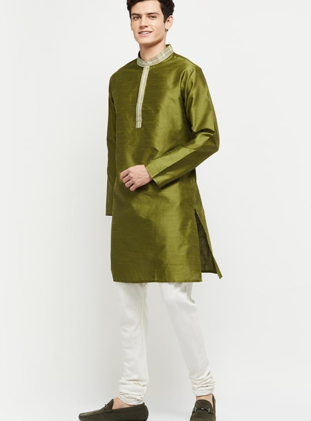 Men Textured Mandarin Collar Regular Fit Long Kurta