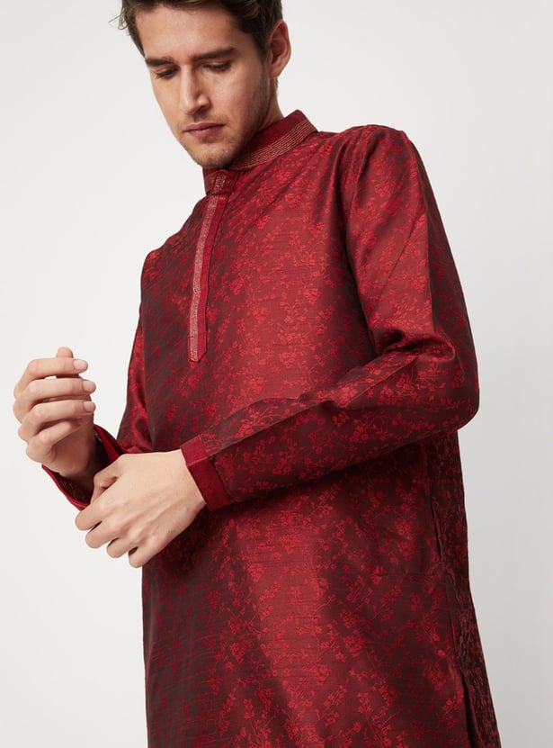 Men Printed Mandarin Collar Regular Fit Long Kurta