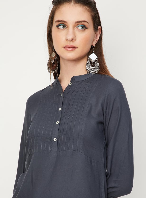 Women Pintuck Band Collar Kurti