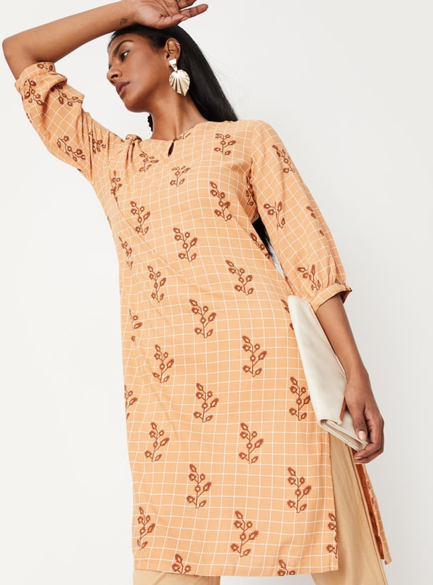 Women Checked Key-Hole Neck Kurta