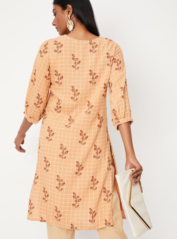 Women Checked Key-Hole Neck Kurta