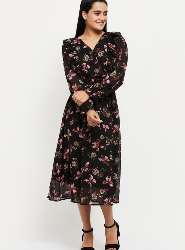 Women Floral Printed Full Sleeves Midi Dress