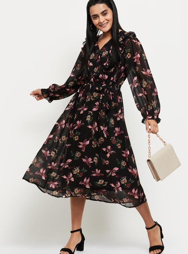 Women Floral Printed Full Sleeves Midi Dress