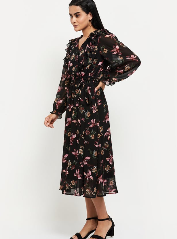Women Floral Printed Full Sleeves Midi Dress