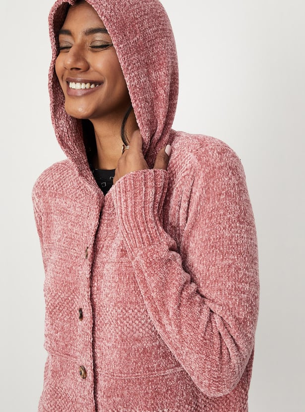 Women Knitted Plush Yarn Cardigan With Hood