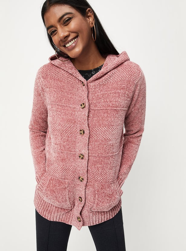 Women Knitted Plush Yarn Cardigan With Hood