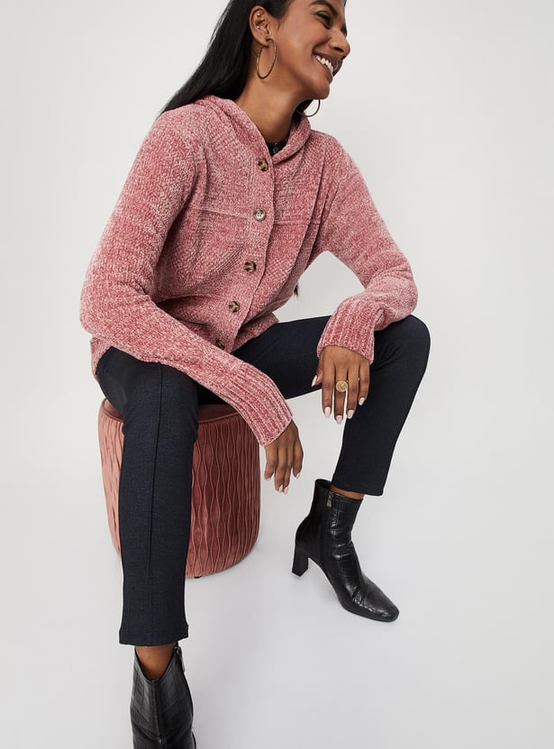 Women Knitted Plush Yarn Cardigan With Hood