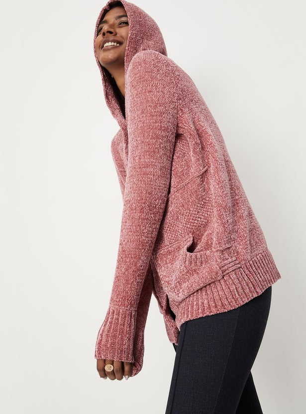 Women Knitted Plush Yarn Cardigan With Hood