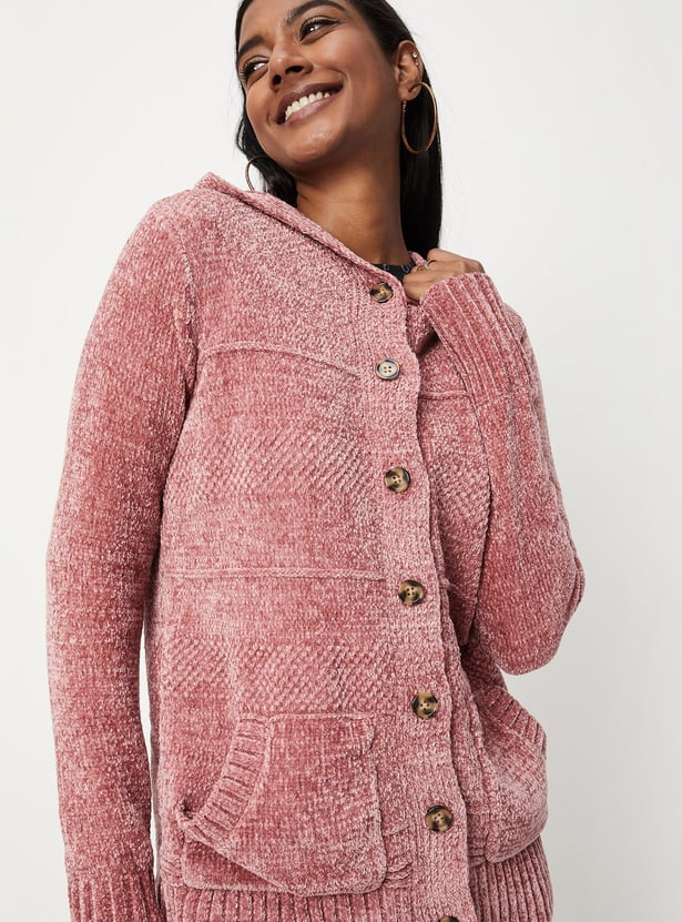 Women Knitted Plush Yarn Cardigan With Hood
