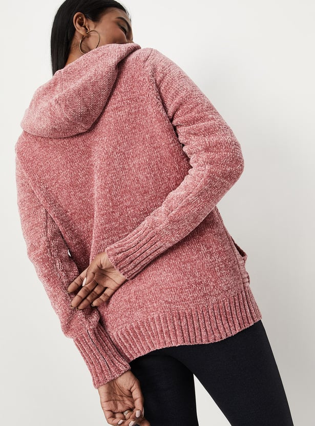 Women Knitted Plush Yarn Cardigan With Hood